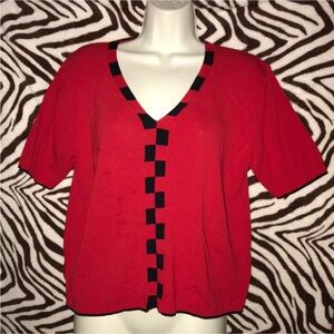 Vintage Red V-Neck Women's sweater with Black Accents